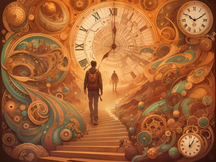 surreal and thought-provoking illustration of a person walking through different timelines, representing the concept of time and...