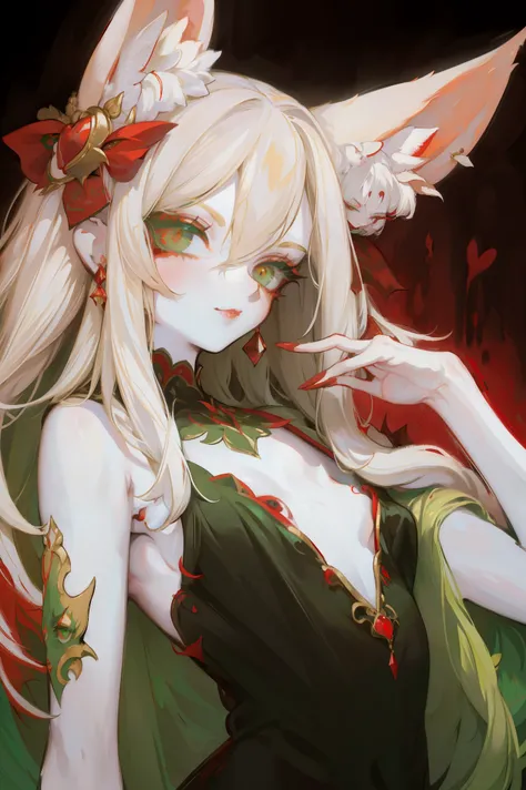 upper body standing painting, sweetheart, solo, pale-skinned, (fox ears), elaborate eyes, detail in face, green-eyed, red eyesha...