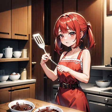 kitchen、bowl of brown liquid、valentine chocolate、no one wore a red and white dress, redhead, 16 year old girl, spatula in hand, ...