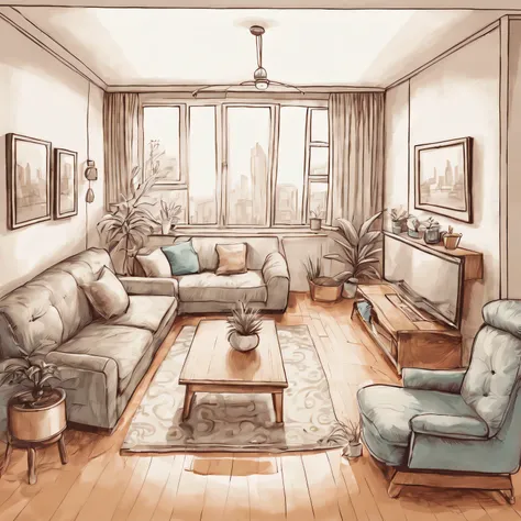 hand drawn cartoon comfortable living room illustration