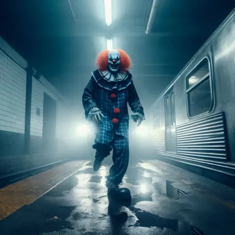 clown in a subway station with a train in the background, scary clown, pennywise style, pennywise theme, pennywise, the clown is...