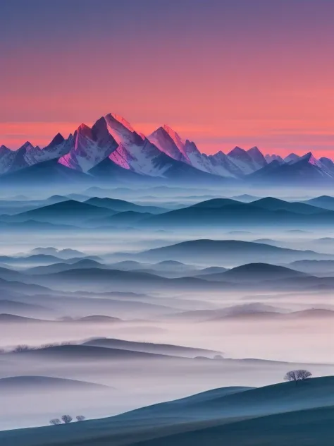 steppe against the backdrop of dawn mountains, in the style of roerich, dawn illuminates the mountains with delicate colors, fog...