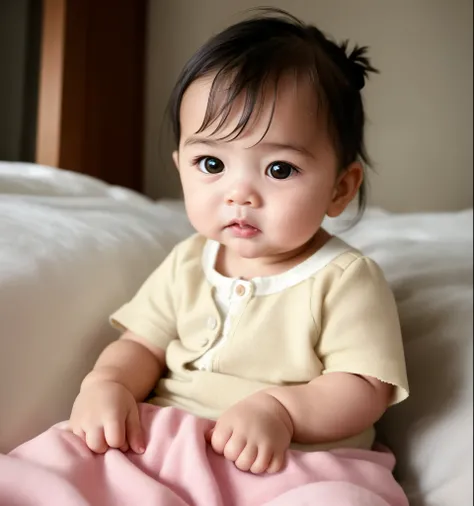 there is a baby that is sitting on a bed with a person, very very low quality picture, with index finger, innocent look, candid ...