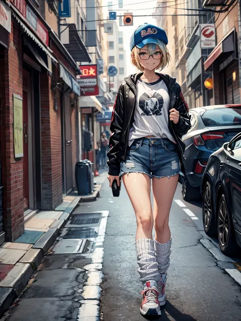 outside the street,one 18-aged girl, cowboy shot,blonde short hair colored mixed blue hair, baseball cap,walking the street,wear...