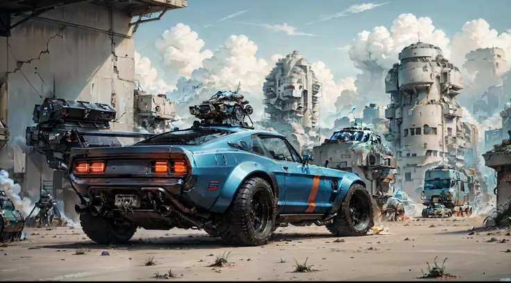 futuristic cyberpunk 1978 mustang car transformed into a robot with guns, lance-roquettes, drones, skulls, ailes, feu, desert at...