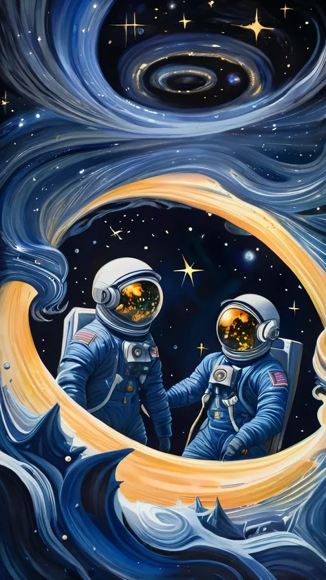 a fantasy outer space in a very dark blue color with stars and blackhole, two astronauts floating, van gogh style, watercolor, t...