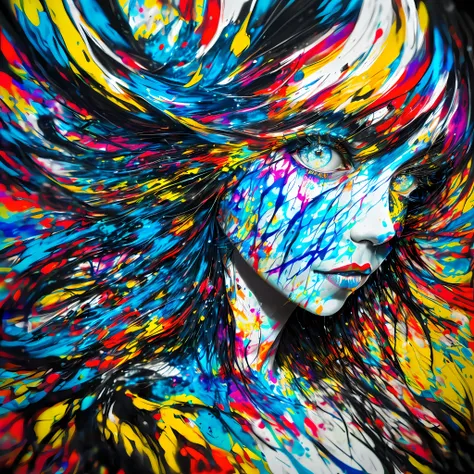 a mixed media abstract artwork of a strange woman with striking eyes and long hair, highly detailed eyes,medium breast,(fine art...