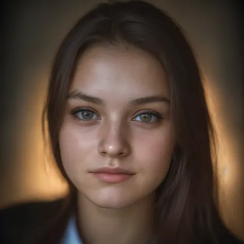 (close, editorial photo of a 21 year old woman), (highly detailed face:1.4) (smile:0.7) (background in the dark, looks grumpy, p...