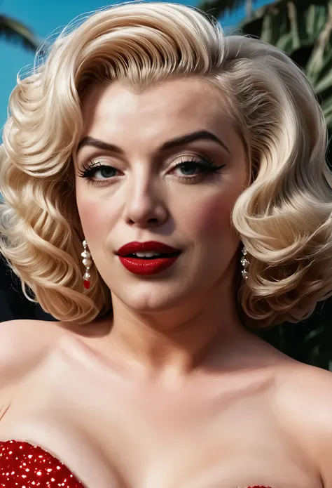 asombroso~*~ realistic cinematic close-up shot in a movie scene., the explosive blonde from the 50s marilyn monroe with full lip...