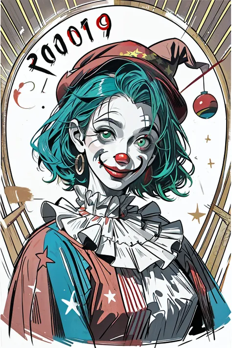 painting of a clown with a red hat and green hair, portrait of clown, portrait of a clown, portrait of the clown, clown, Martin ...