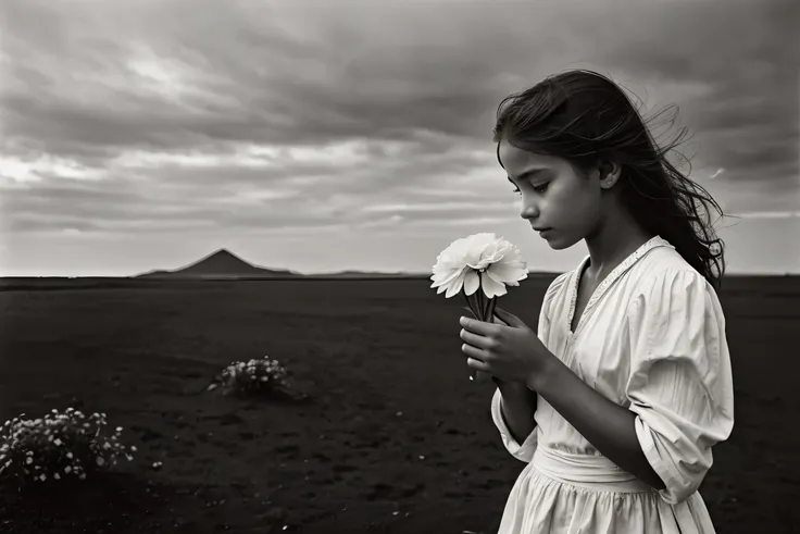 a girl holding a white flower, emotional, 35mm, sebastiao salgado, hasselblad x1d, peter lindbergh, (masterpiece, top quality, b...