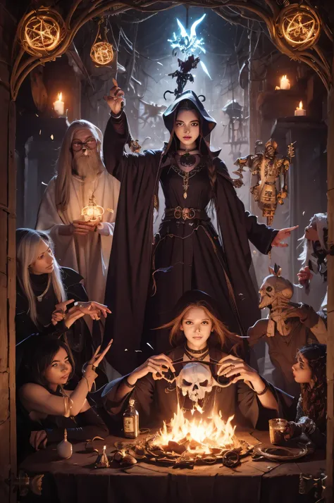 skeleton holding a skull and a key, an arcane wizard casting a spell, wizard casting a spell, female occultist, female mage conj...