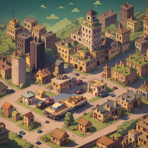 top quality, best quality, high quality illustrations, masterpiece, mother2 map, town, load, car, pixel art, point, quarter view...