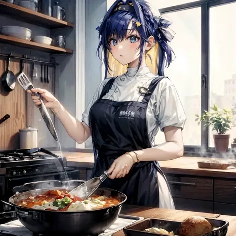 masterpiece, highres, best quality, 1girl solo, cooking a dishes, cooking dinner, making food, black apron, cozy tshirt, pants, ...