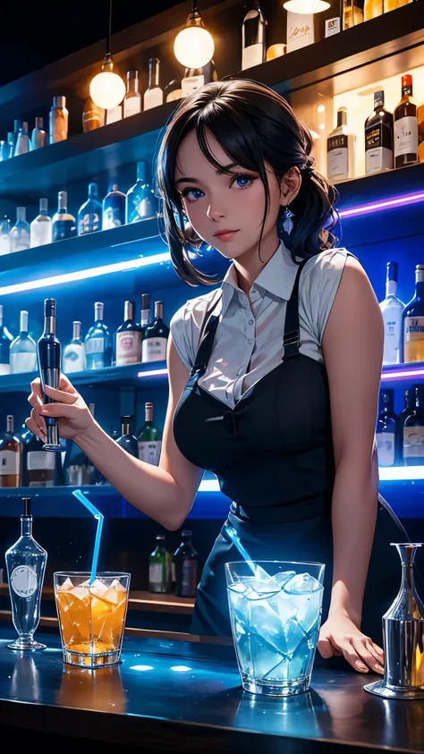 1 beverage cart, woman in a bar, night, led light, blue led, night, , drinks 5 euros, bartender making drinks