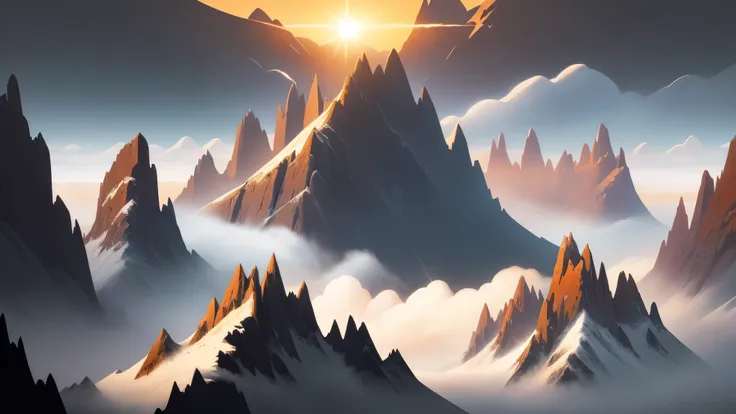 illustration, digital illustration, detailed and intricate, of a high mountain, the sunlight filtering through the clouds creati...