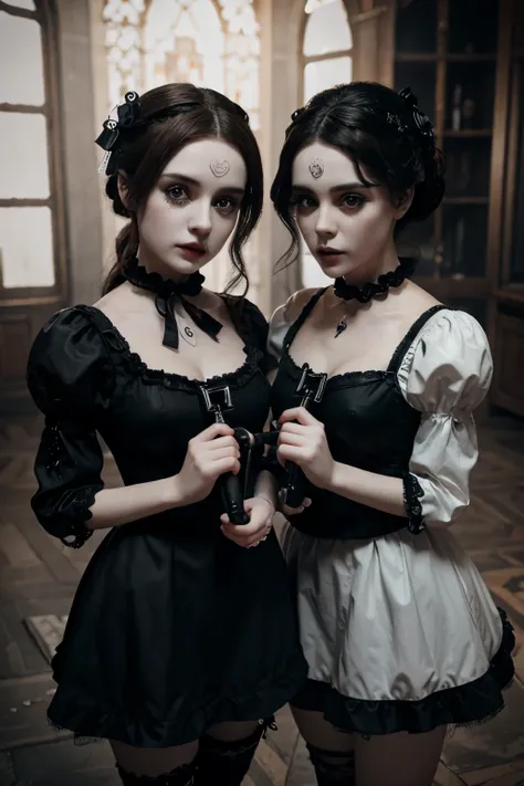 3D gothic porcelain dolls as mimes with tears of blood hyper realistic 8k holding a pipe wrench