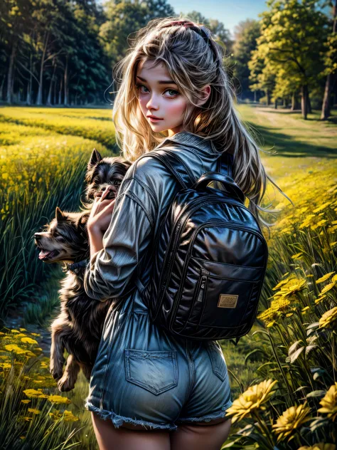 highly detailed, ultra realistic, 8k,4k, a very charming young girl with a backpack and her cute puppy enjoying a lovely spring ...