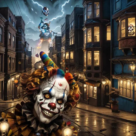 clown in a city street at night with buildings and lights, scary clown, murderous carnival freak, the clown is far from the came...