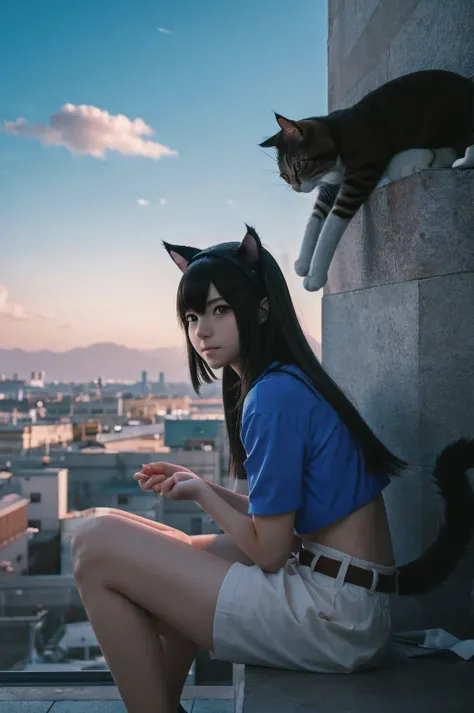 Anime girl with cat ears sitting on a shelf and looking at the sky, (anime photo), (cosplay (Эмма Майерс at 18yo)), inspired by ...