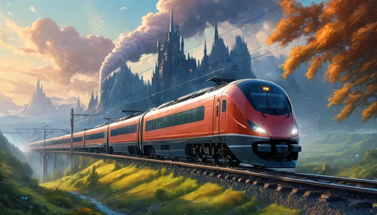 a sleak modern train going down the tracks, beautiful fantasy, inspired by igor zenin, julie dillon, fantasy - n 9, ue5, by kaii...