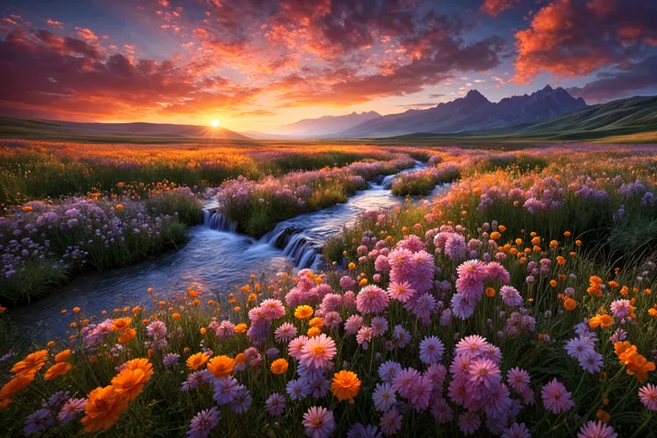 flowers are blooming in a field near a stream at sunset