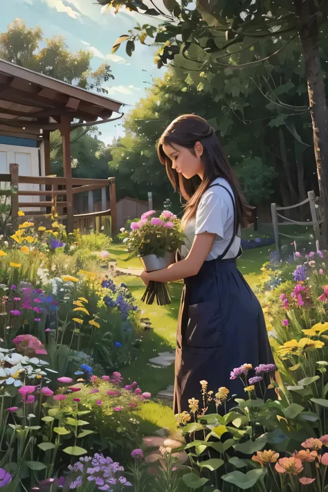 young woman, who loves to grow flowers in her yard and take care of them.