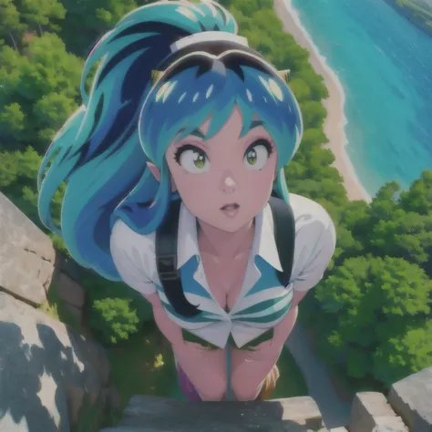 (masterpiece, best quality:1.2), 1girl, solo, urusei yatsura flying in the sky looking at viewer. she flies over valley and rive...