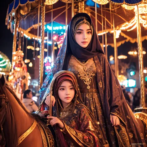 a beautiful young girl, 1girl, carousel, wearing long hijab, night carnival, night bazaar, detailed face, intricate long costume...