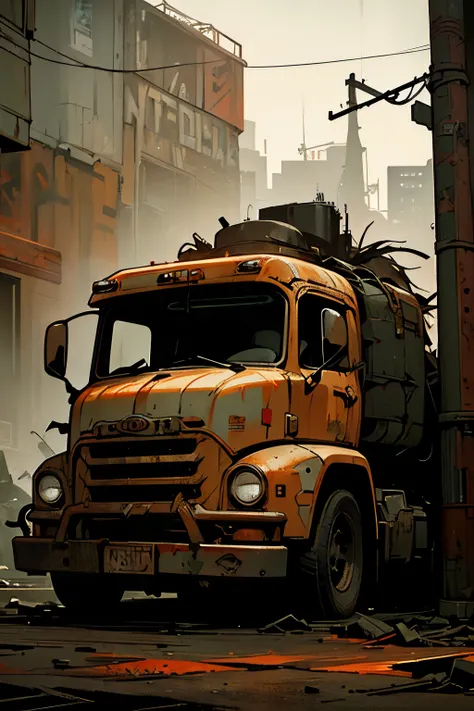 a rugged post-apocalyptic truck driver, a dilapidated old truck, gritty urban setting, vibrant neon lights, dystopian cyberpunk ...