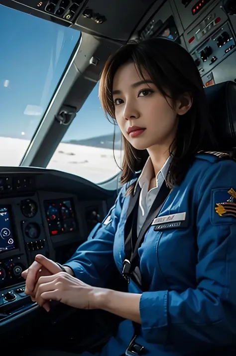 female pilot、in an airplane cockpit、(((highest quality, masterpiece))), (((very detailed)))