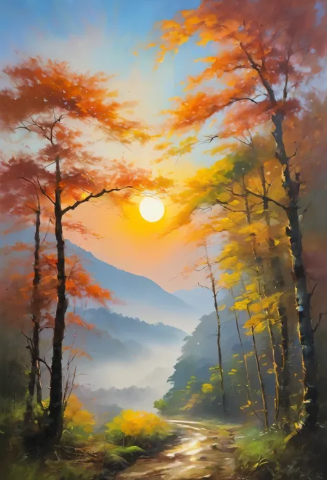 painter of light, impressionist painting, oil, sunrise scenery in satoyama, the forest is boldly depicted, improvised brush stro...