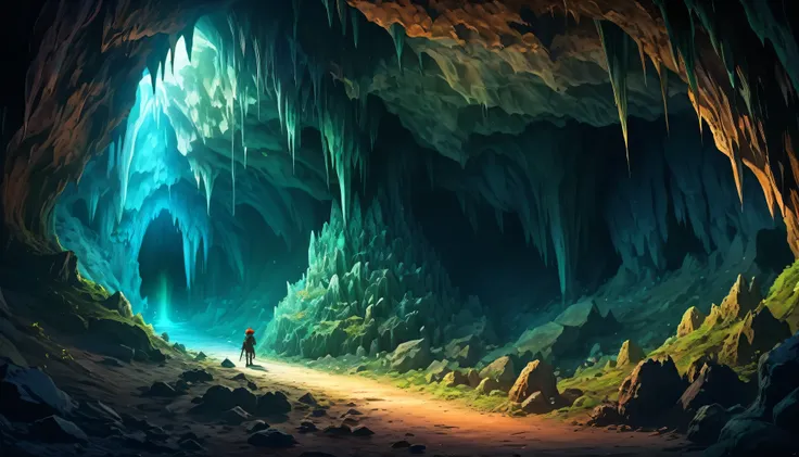 (anime, fantasy, cave), (best quality, high resolution, depth of filed, hdr:1.2),vibrant colors, mysterious atmosphere, cave, st...