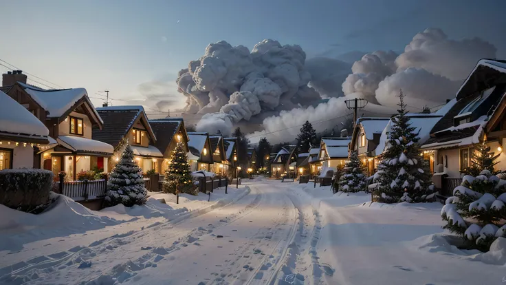 A quiet little village with snow-covered houses, smoke from chimneys, and pine trees decorated with Christmas lights