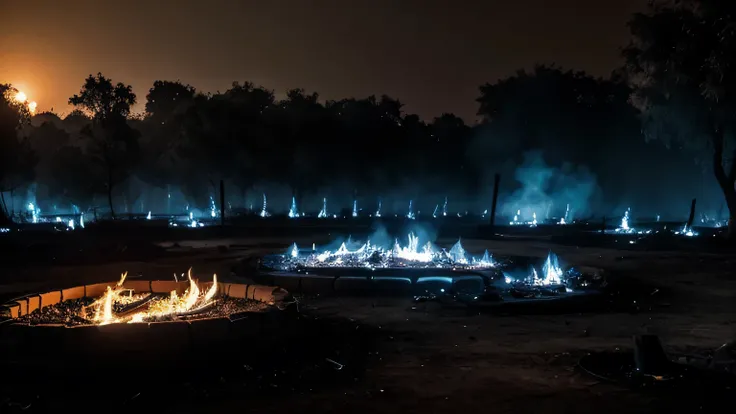 an empty and scary burning ground in an ancient village of india where dead bodies are being burnt. dark night and scary view. d...