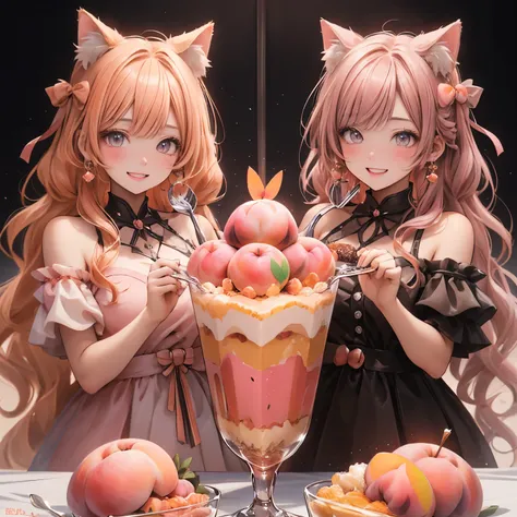 (masterpiece), highest quality, ultra-high resolution,cat ears with peach-colored ribbon、peach-colored hair、peach-colored eyes、p...