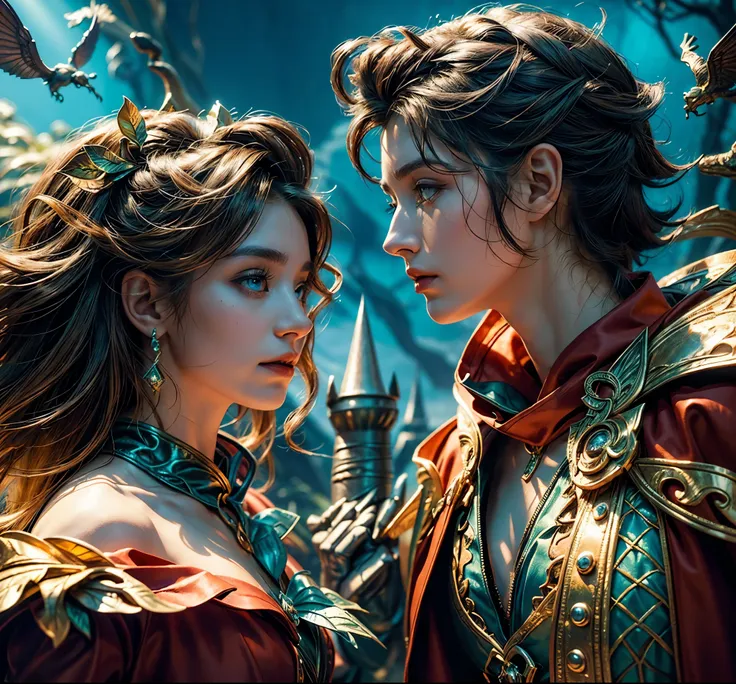 a couple of lovers, a beautiful elf and a handsome prince, fighting against a scary evil wizard, fairy tale fantasy landscape, h...