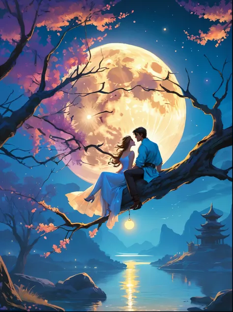 Romantic ancient style,night,Backlight,A man and a woman sitting on a tree branch,There is a big full moon behind,Alexander,Aver...
