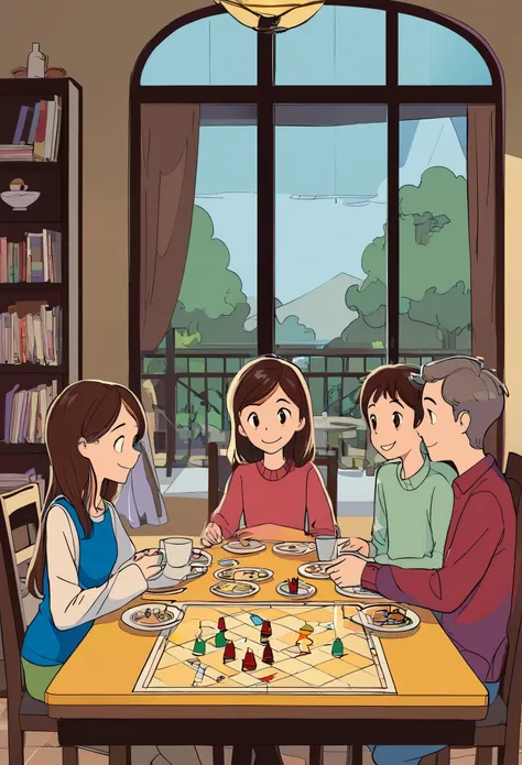 one，four characters，mom, dad, sister, siblings，playing a board game at the dining table，warm and cheerful atmosphere，2d cartoon ...