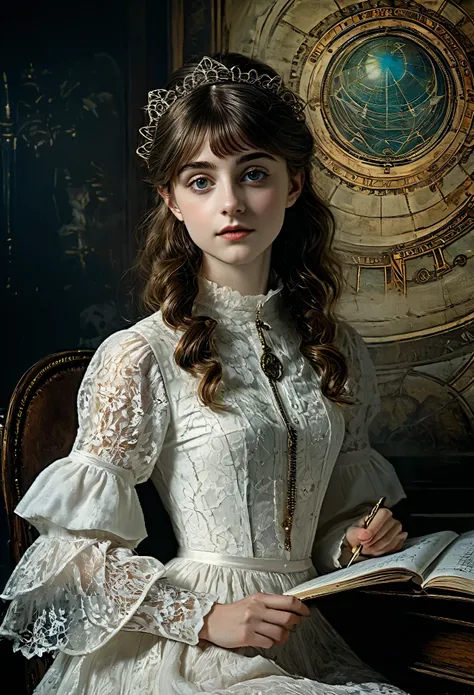 à la fed image of a girl in a white lace dress and leonardo da vinci notes background, stunning young ethereal figure, portrait ...