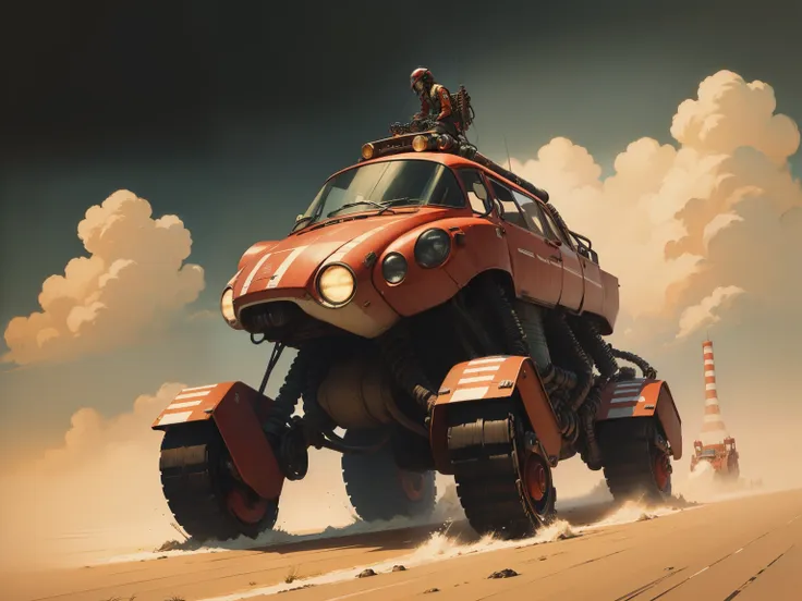 a japanese painting with vintage technique，depicts an advanced vehicle, high tech, hd, mix, red stripes，bipedal robotic legs