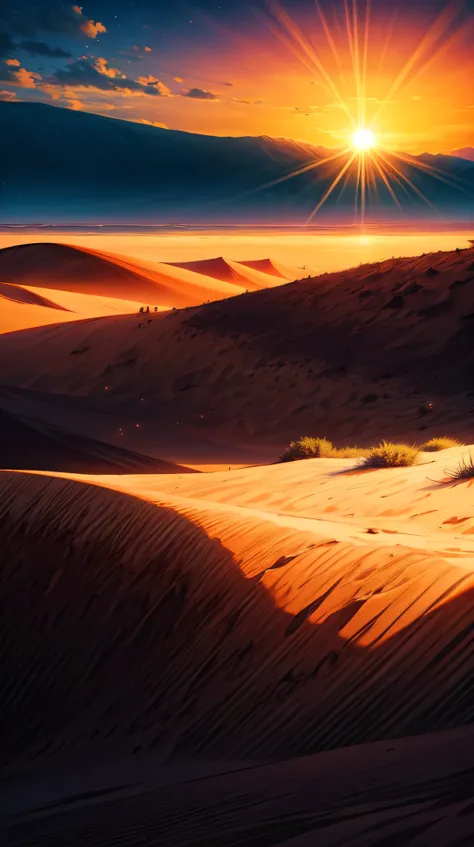 "a desert scene with towering sand dunes glowing under a bright orange sunset. the sky transitions from warm orange to deep purp...