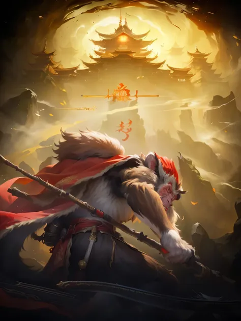 there is a monkey with a stick and a red cape, full art, detailed game art, chinese style，wukong，孙wukong