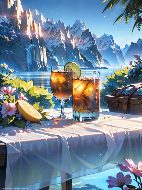 glass of kvass with ice, water drops on glass, translucent liquid, ice cubes, wildflower wreath on a picnic tablecloth, bright s...