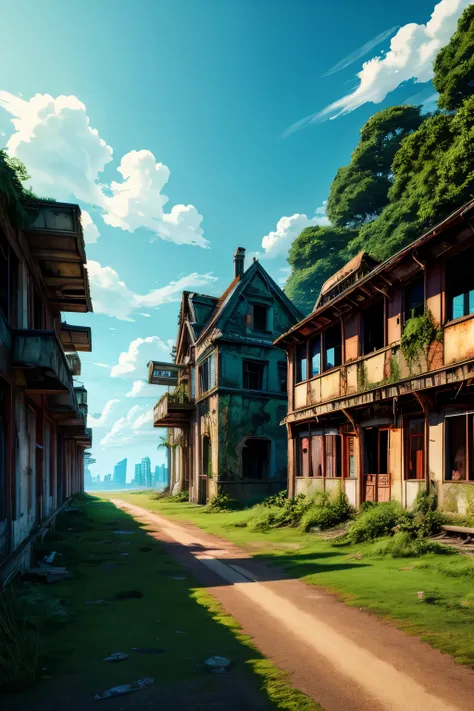 abandoned island anime ghibli with ruins  vegetations abandoned house bus and station with cute  creatures