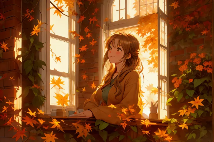 (from below),Autumn Night , large glass windows, Sexy and pretty mature girl with her chin resting on the open window and lookin...