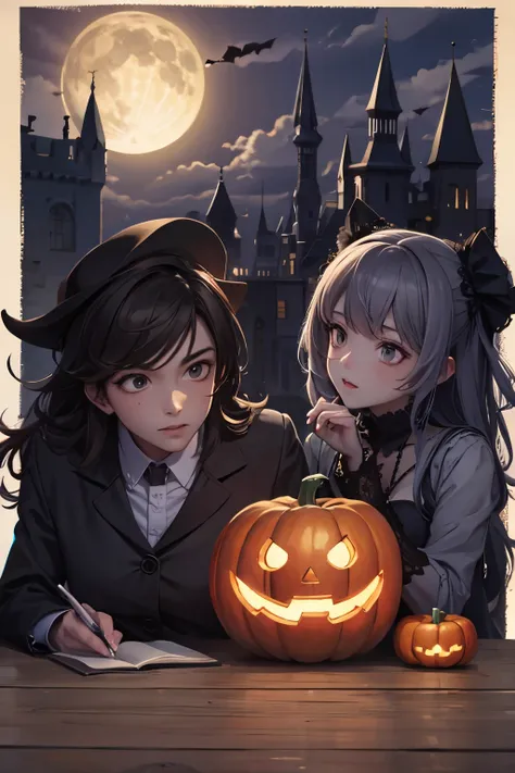 Masterpiece, Highly detailed, FHD, Absurd, Couple, Vampire, Zombie, Pumpkin ghost, Bat, Embarrassed, Shy, Halloween, Full moon, ...