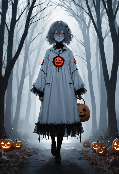 1girl,full body,blue eye and red eye,halloween ghost costume,horror,smoke, rotten tree, solar eclipse, halloweencoser,growing ey...