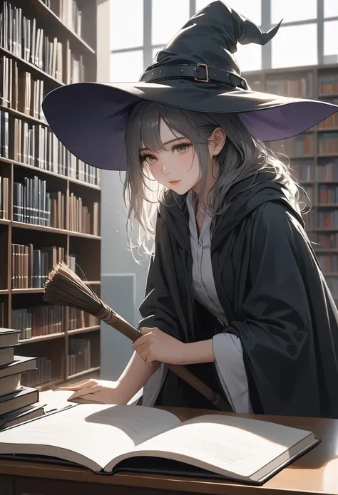 masterpiece, best quality, ultra-detailed, hyper-realistic, inside a quiet, modern library, a witch in full traditional garb—poi...