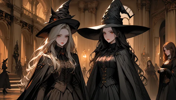 2 girls, duo, women, coven, female, close up, witch, long hair, cape, staff, victorian era, fantasy, academy, palace, luxurious,...